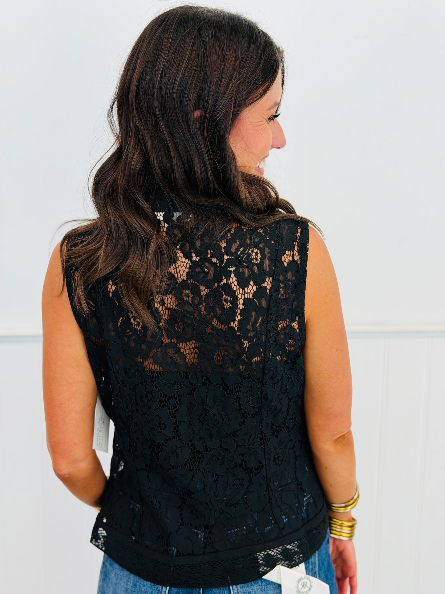 Black Lace Mandarin Collar Sleeveless Top (Reg. and Plus)