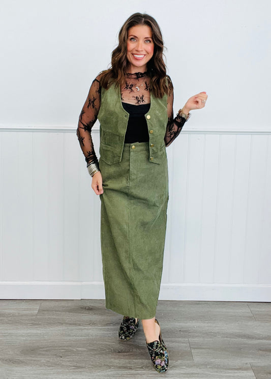 Olive Corduroy Vest & Maxi Skirt Set (Reg)