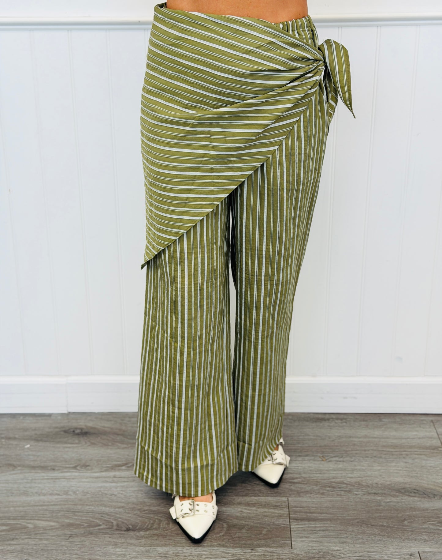 Olive Striped Front Wrap Detail Pants (Reg.)
