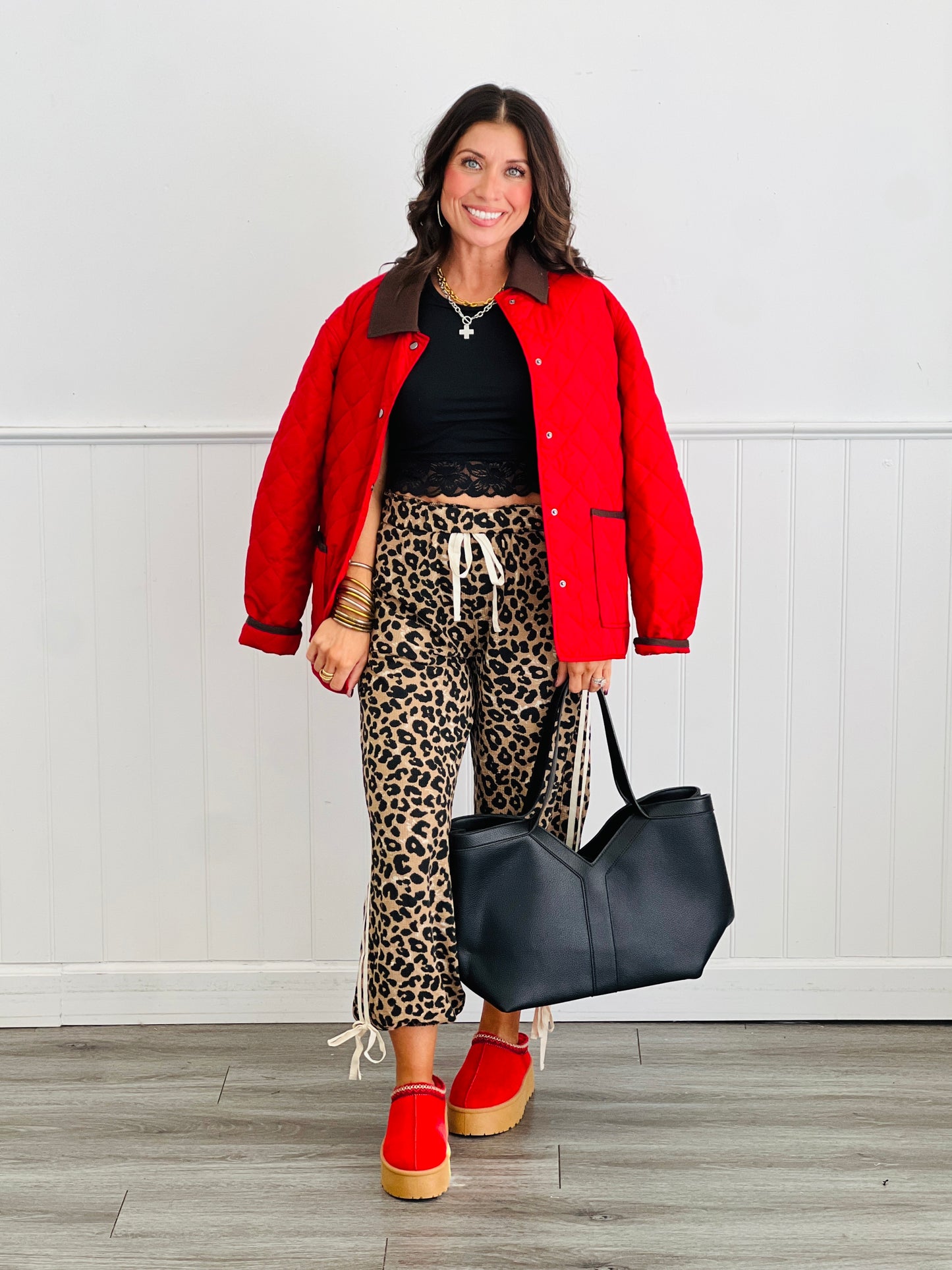 Leopard Bow Tie Elastic Hem Pants (Reg & Plus)