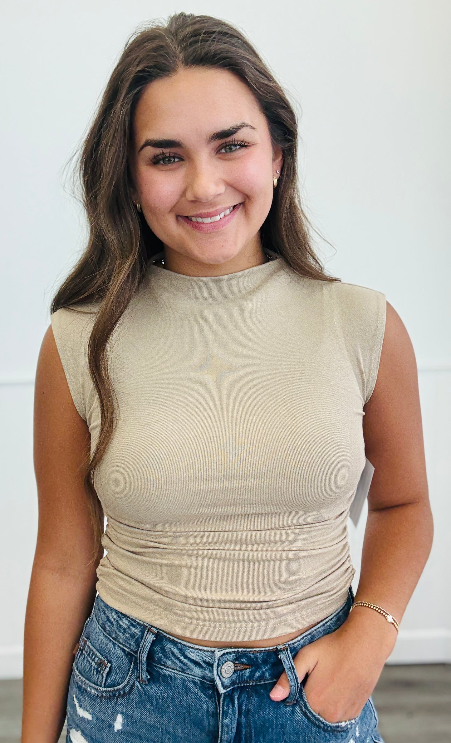 Taupe Ruched Sleeveless Top (Reg.)