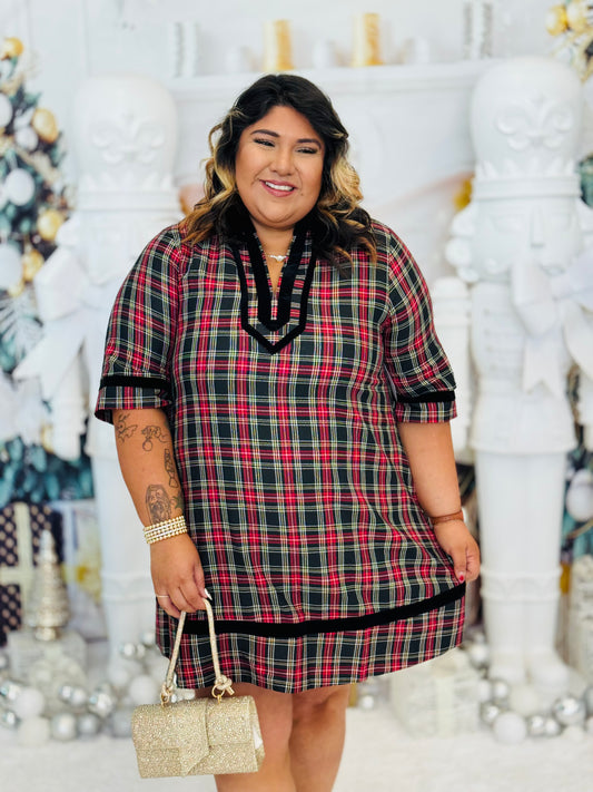 Black Plaid Velvet Trim Mini Dress (Reg & Plus)