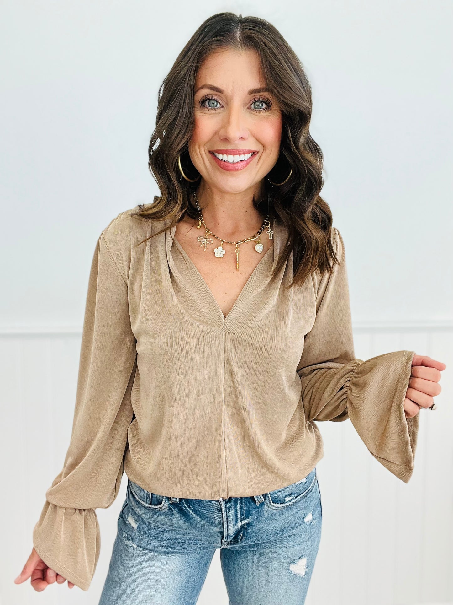 Tan Ruffle Cuff Blouse (Reg & Plus)