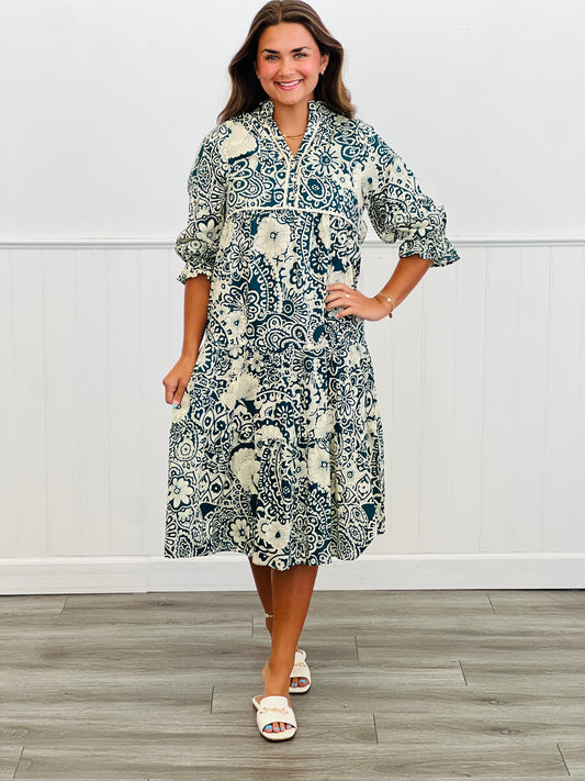 Teal Southern Floral Tiered Midi Dress (Reg. and Plus)