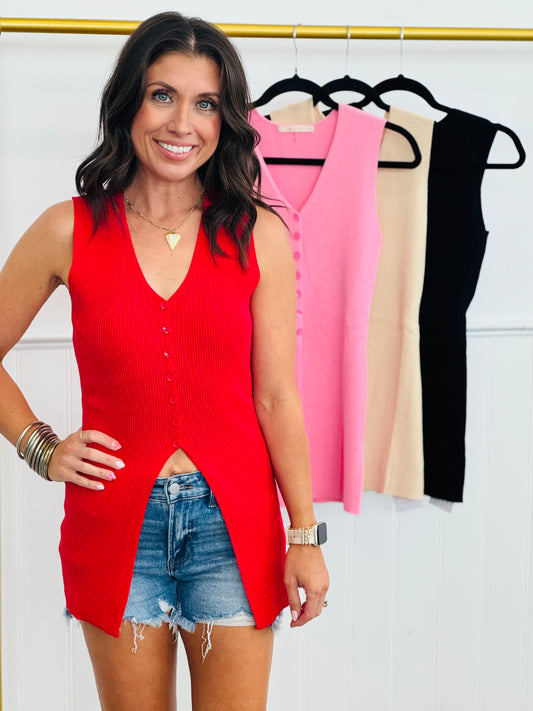 Split Hem Sleeveless Button Top (Reg.)-5 Colors