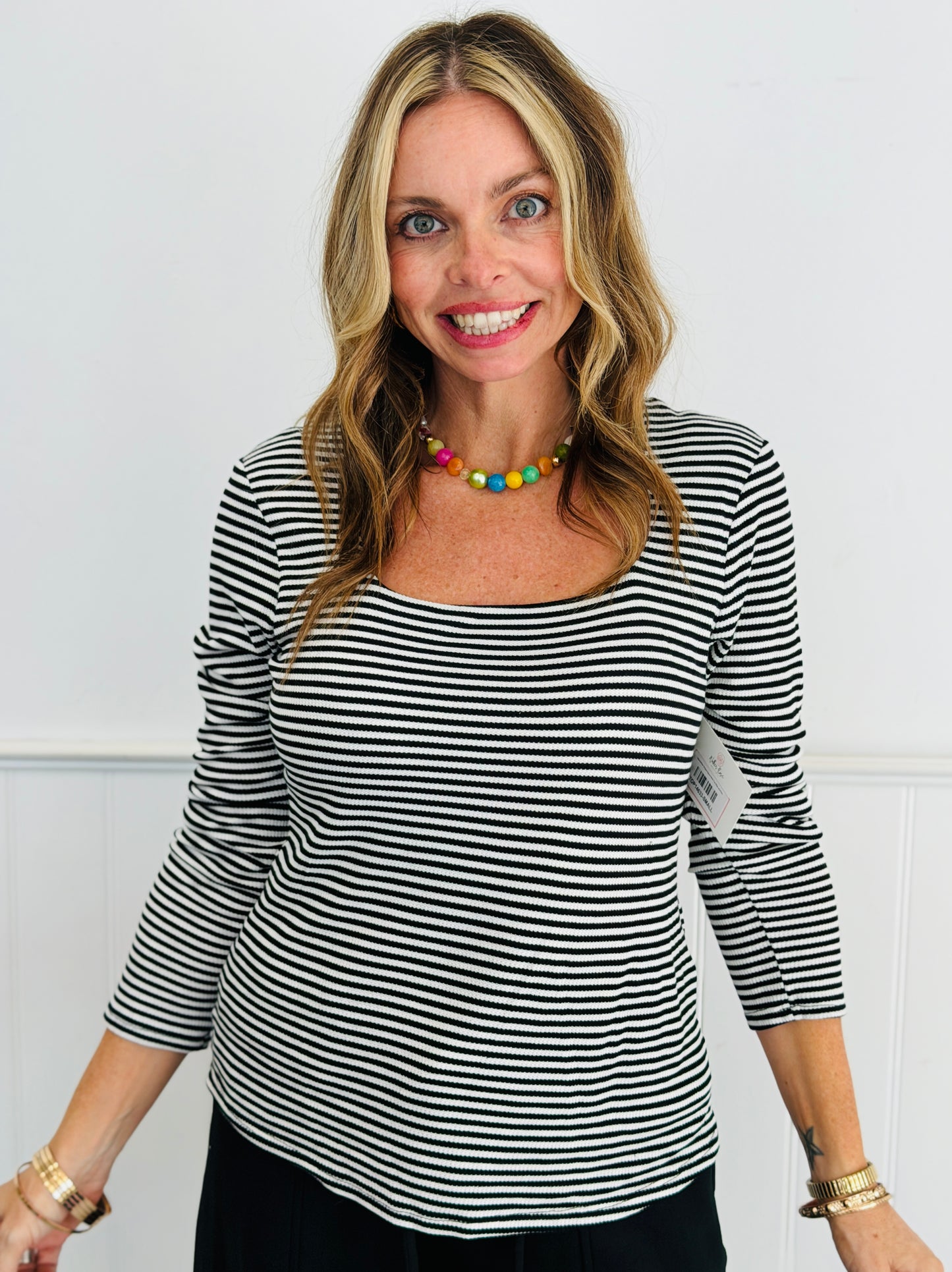 Black/White Striped Square Neck Top (Reg. and Plus)