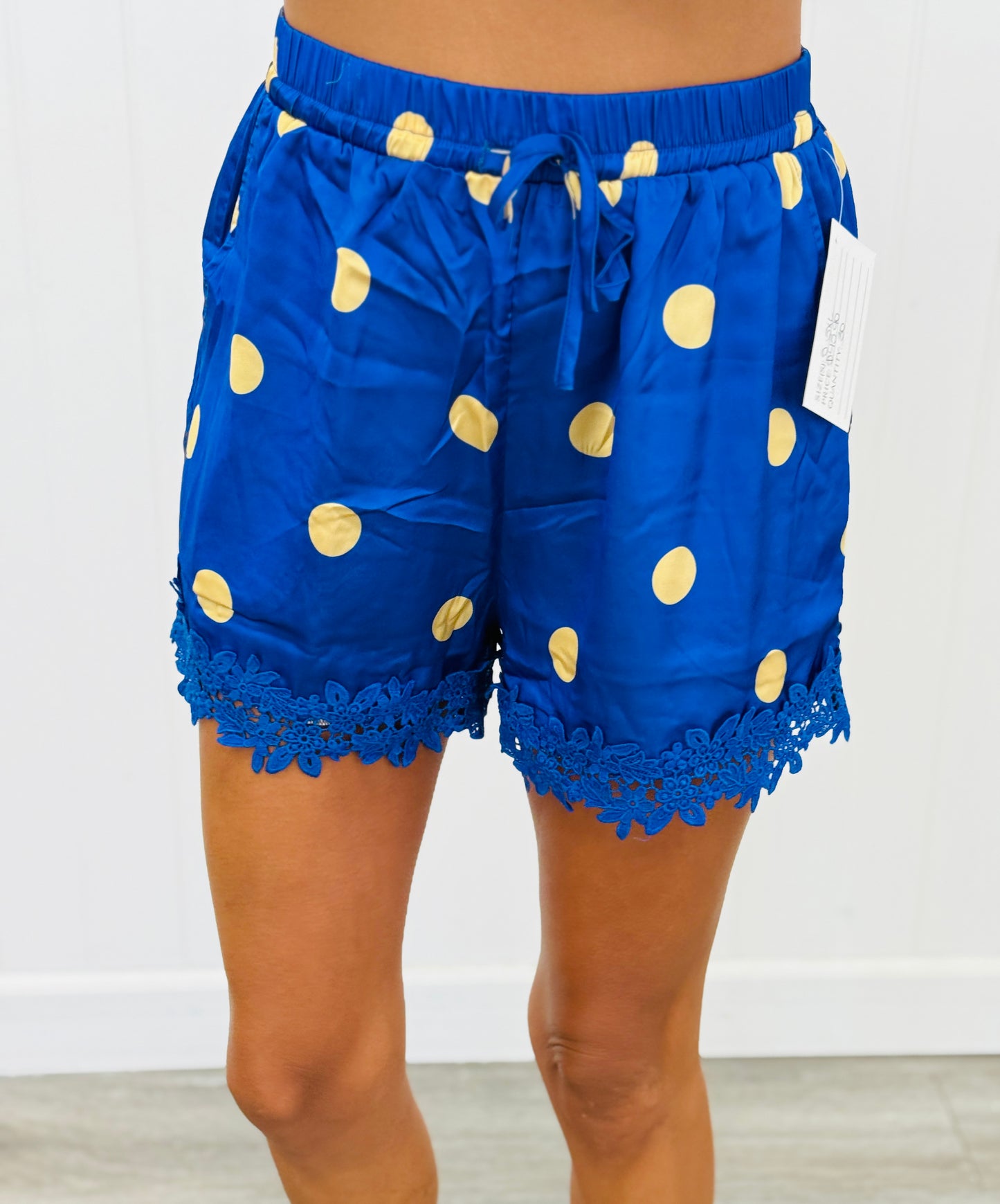 Blue/Yellow Polka Dot Satin Lace Trim Shorts (Reg. and Plus)