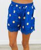 Blue/Yellow Polka Dot Satin Lace Trim Shorts (Reg. and Plus)