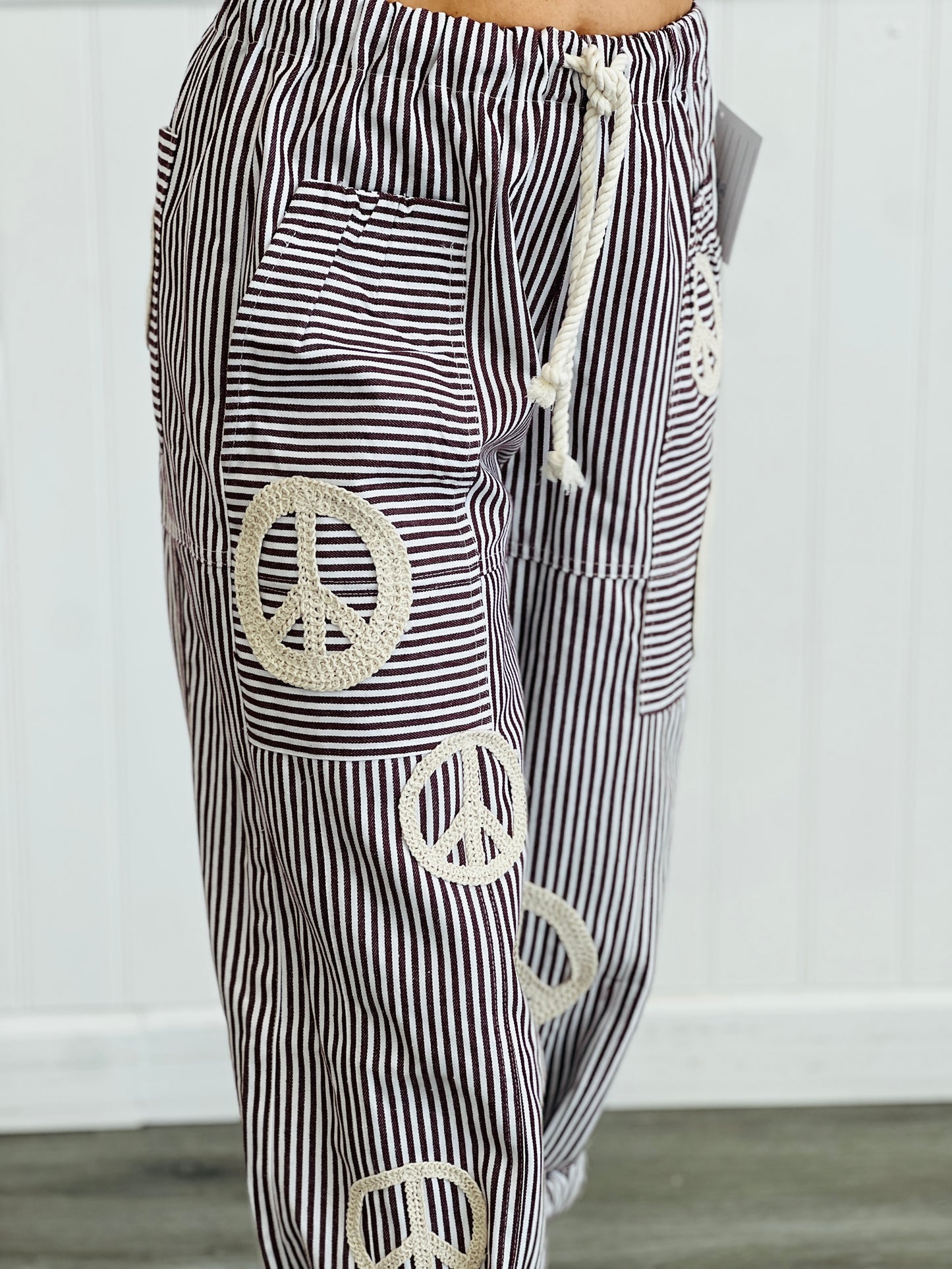 Burgundy Peace Sign Pinstripe Palazzo Pants (Reg. and Plus)