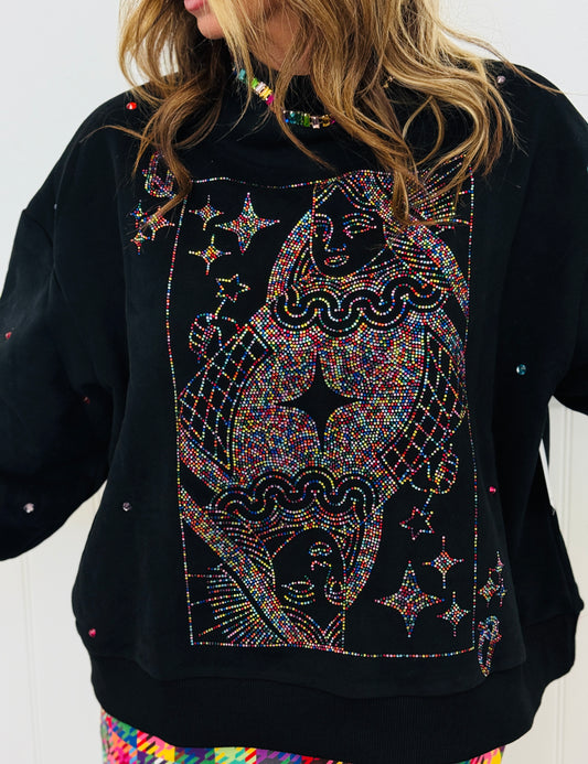 Queen Of Sparkles Black Rainbow Rhinestone Card Logo Sweatshirt (Reg. and Plus)