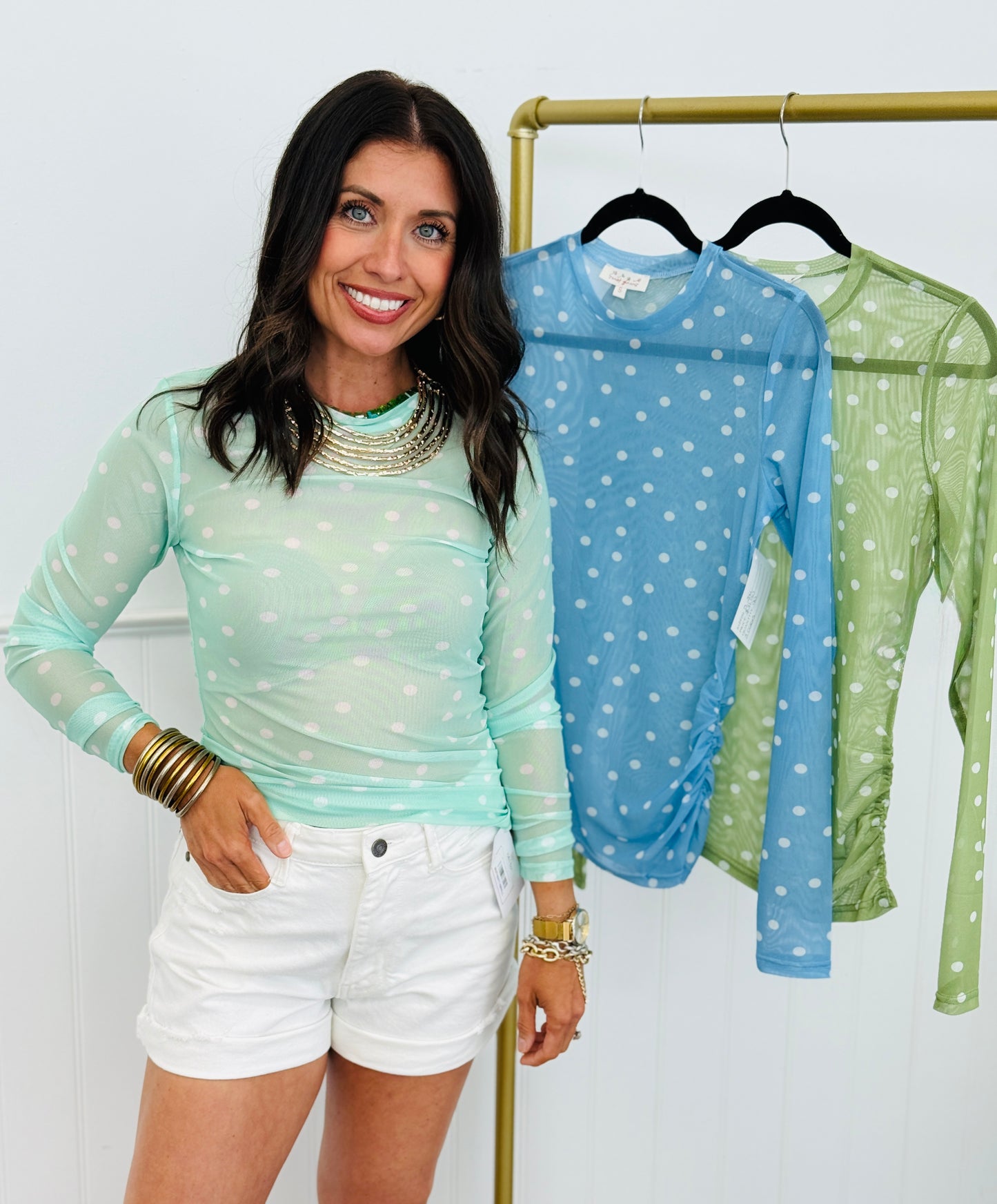 Polka Dot Mesh Long Sleeve Blouse (Reg & Plus)-3 Colors