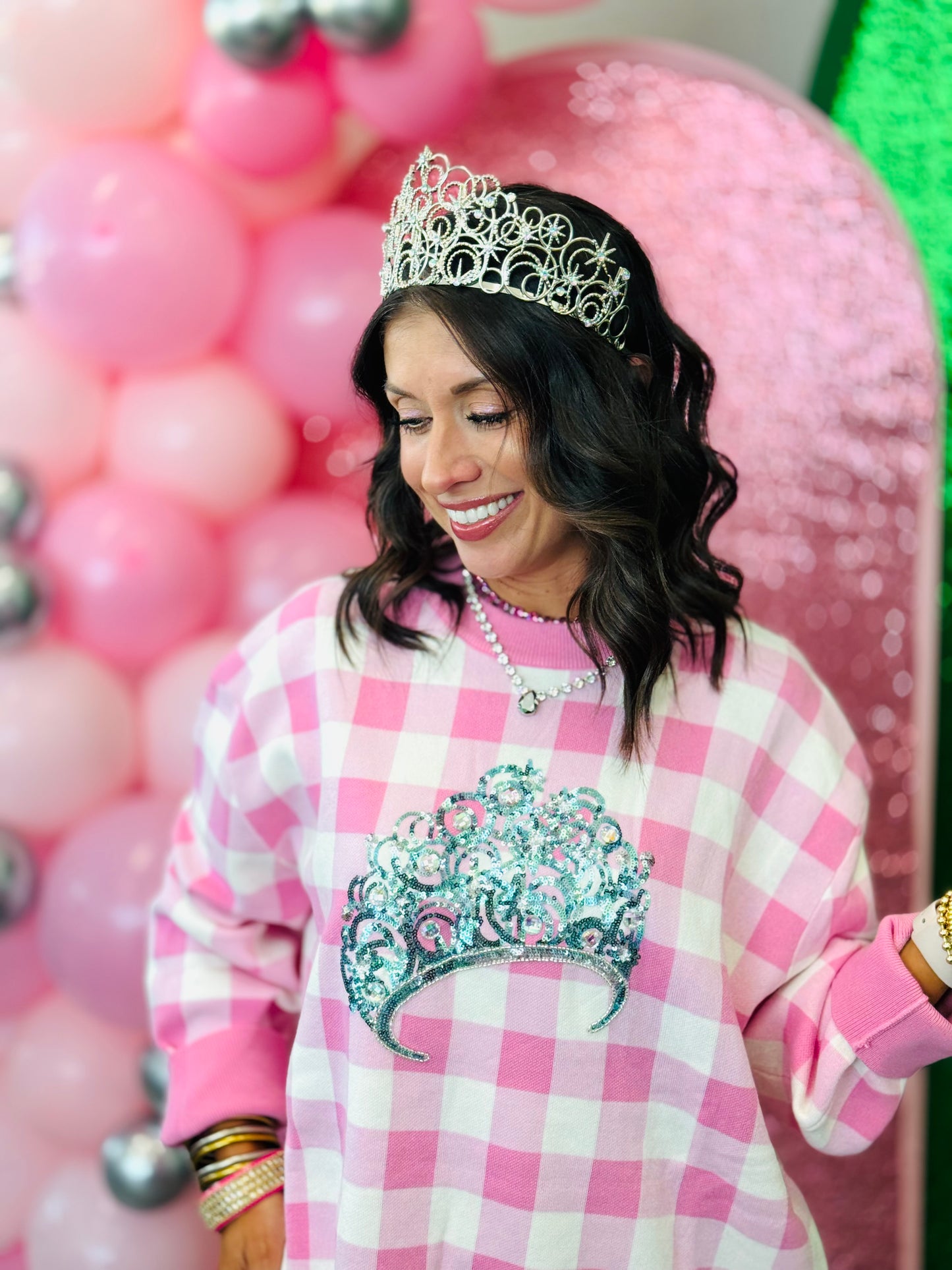 Queen Of Sparkles Licensed Pink Gingham Glinda Crown Sweater (Reg. and Plus)