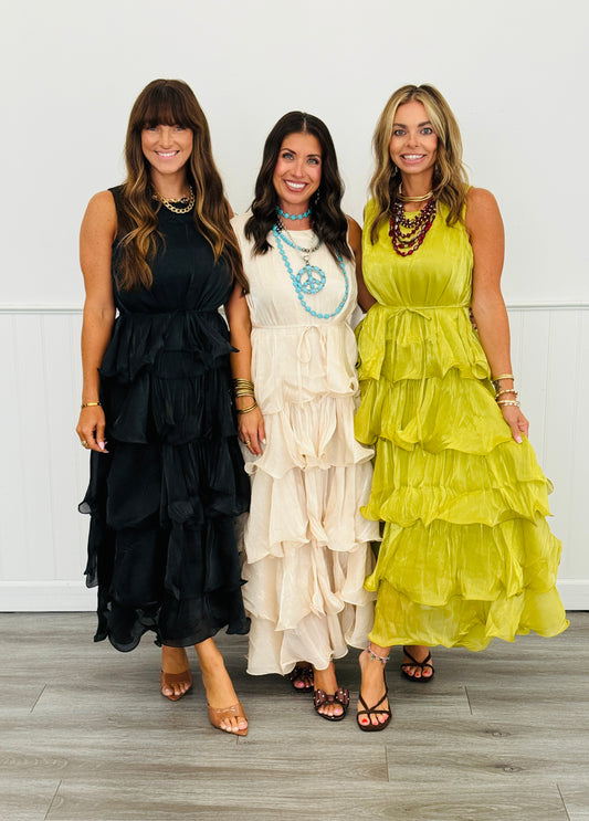 Shimmer Ruffle Tiered Sleeveless Maxi Dress (Reg. & Plus) - 3 Colors