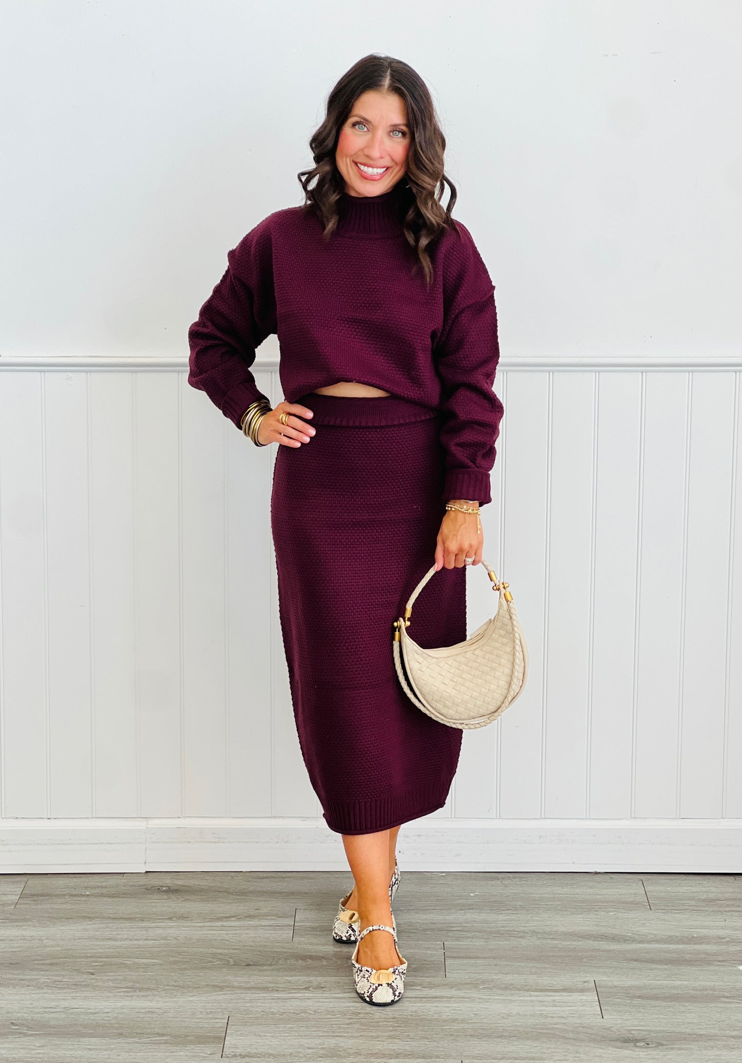 Mock Neck Sweater Top & Midi Skirt Set (Reg.) - 5 Colors