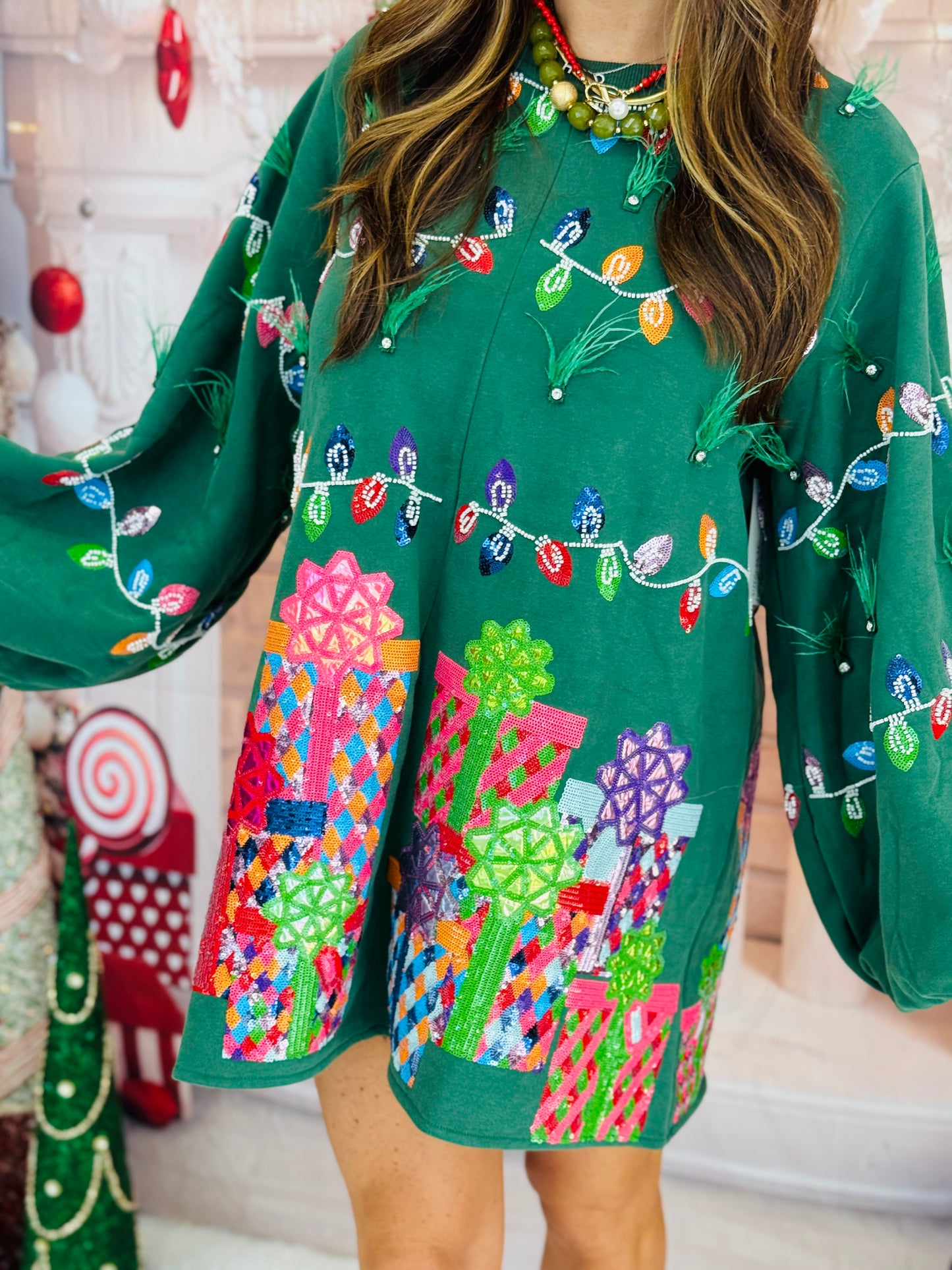 Queen Of Sparkles Green Christmas Lights & Presents Feather Dress (Reg. & Plus)