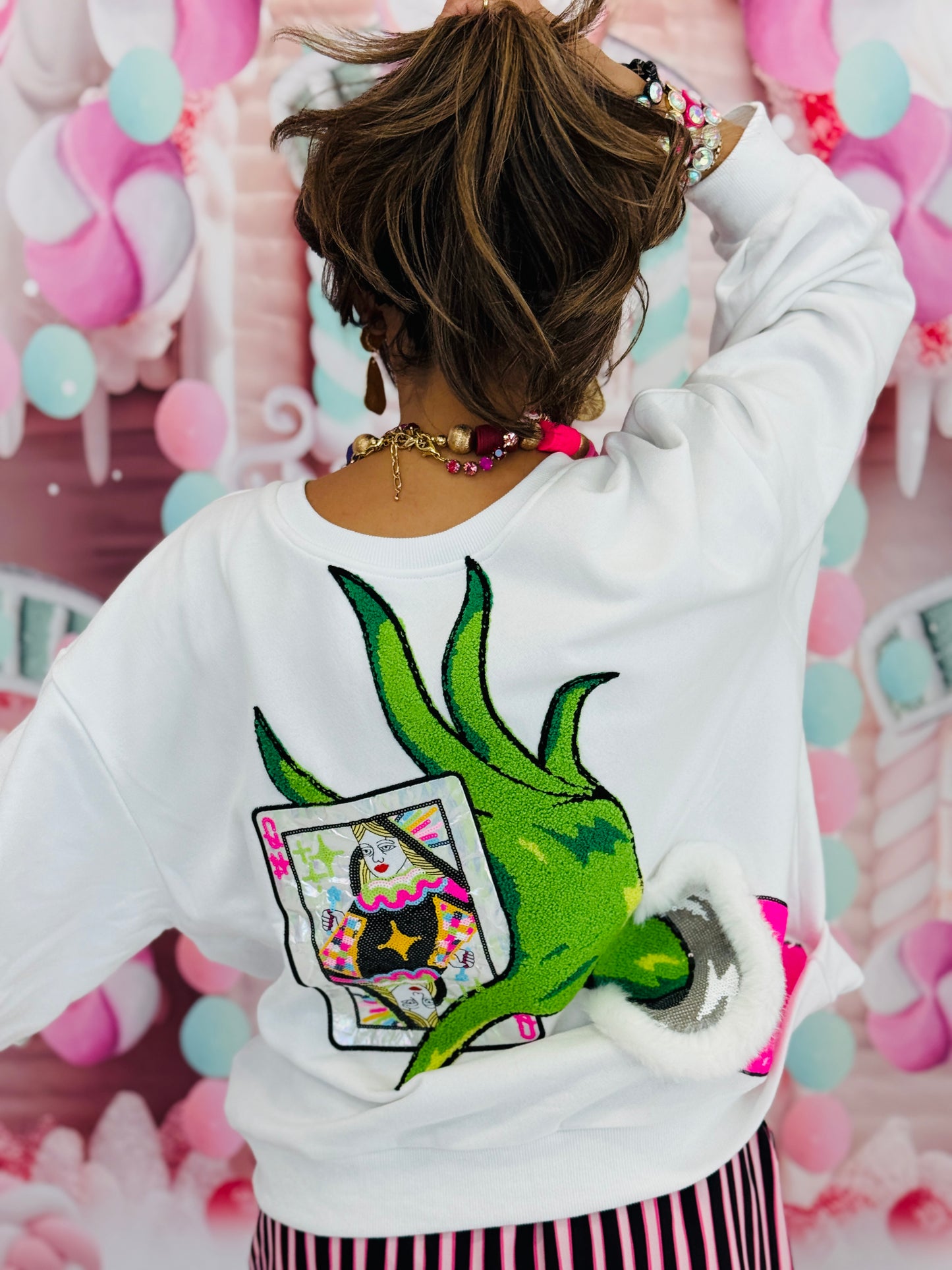 Queen Of Sparkles White & Green Hand Holding Logo Card Sweatshirt (Reg. & Plus)