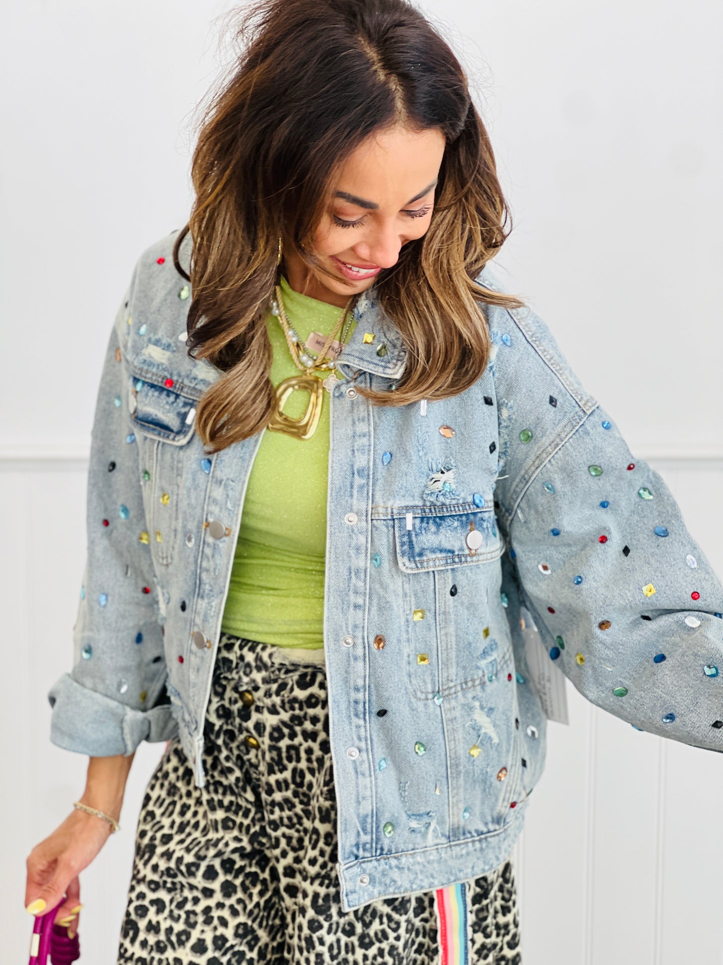Light Denim Multi Jewels Embellished Jacket (Reg. and Plus)