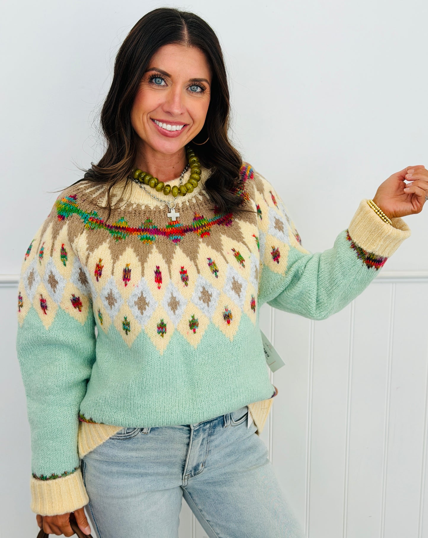 Light Blue/Cream Fair Isle Yoke Sweater Top (Reg & Plus)