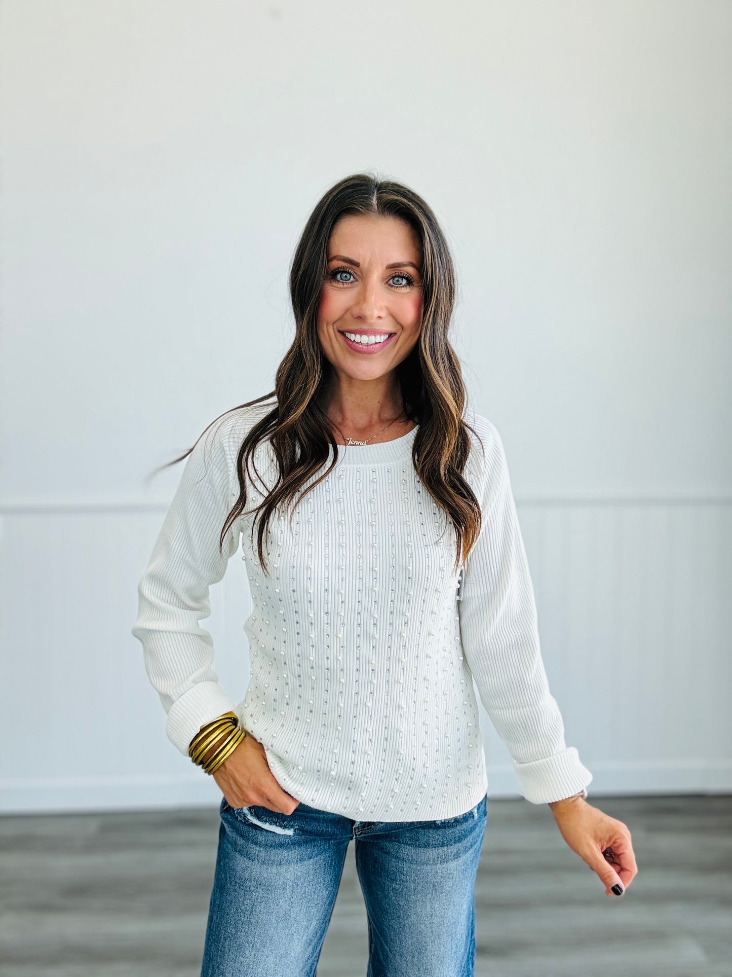 Pearl & Rhinestone Sweater Top (Reg & Plus)-2 Colors