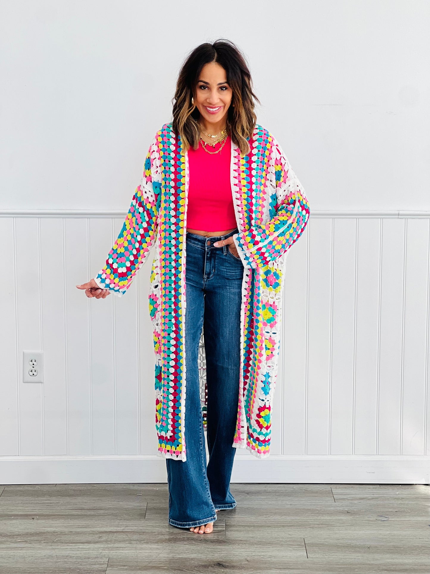 Neon Multi Crochet Longline Cardigan (One Size)