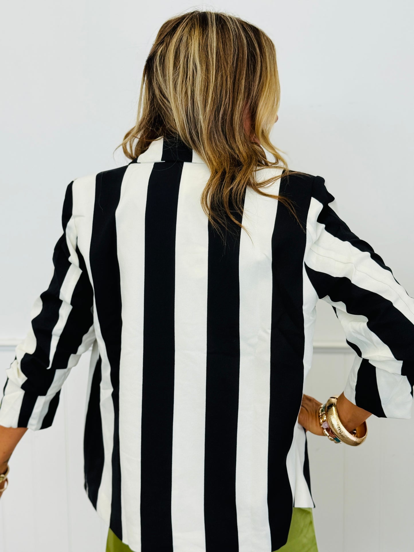 Black White Vertical Stripe Relaxed Blazer (Reg. & Plus)