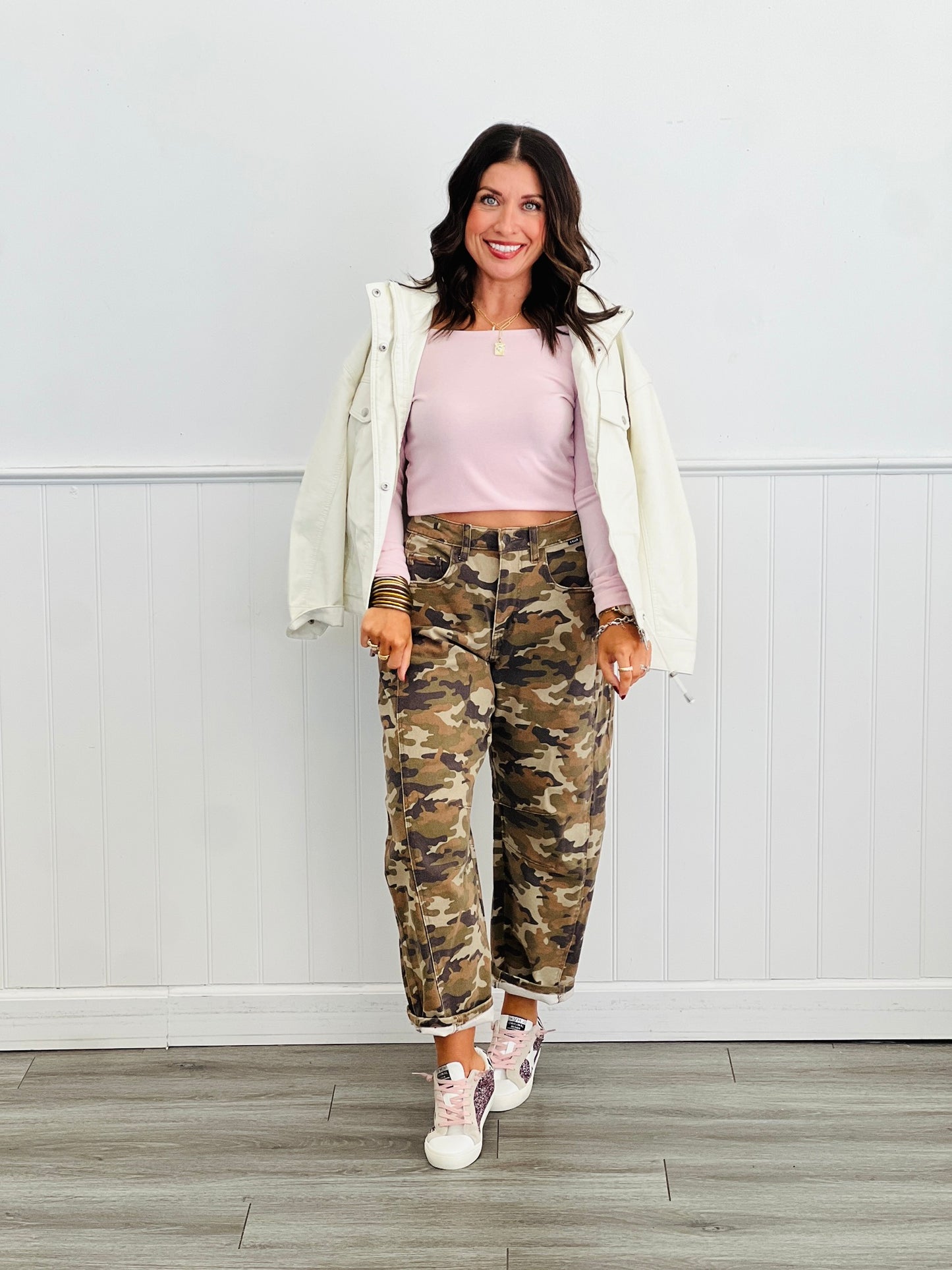 Washed Camo Mid Rise Barrel Pants (Reg.)