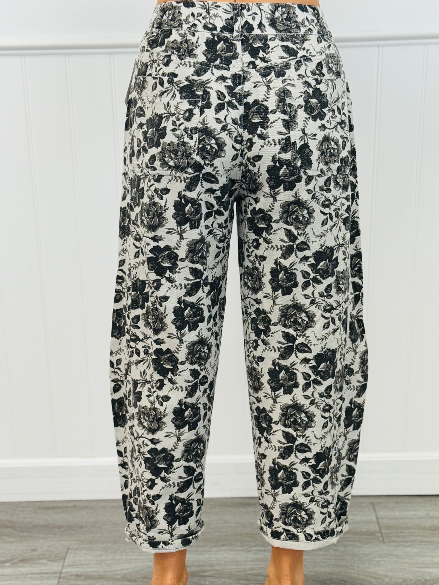 Grey/Black Rose Print Barrel Jeans (Reg & Plus)