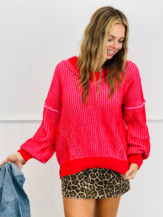 Red Oversized Two Tone Sweater Top (Reg.)