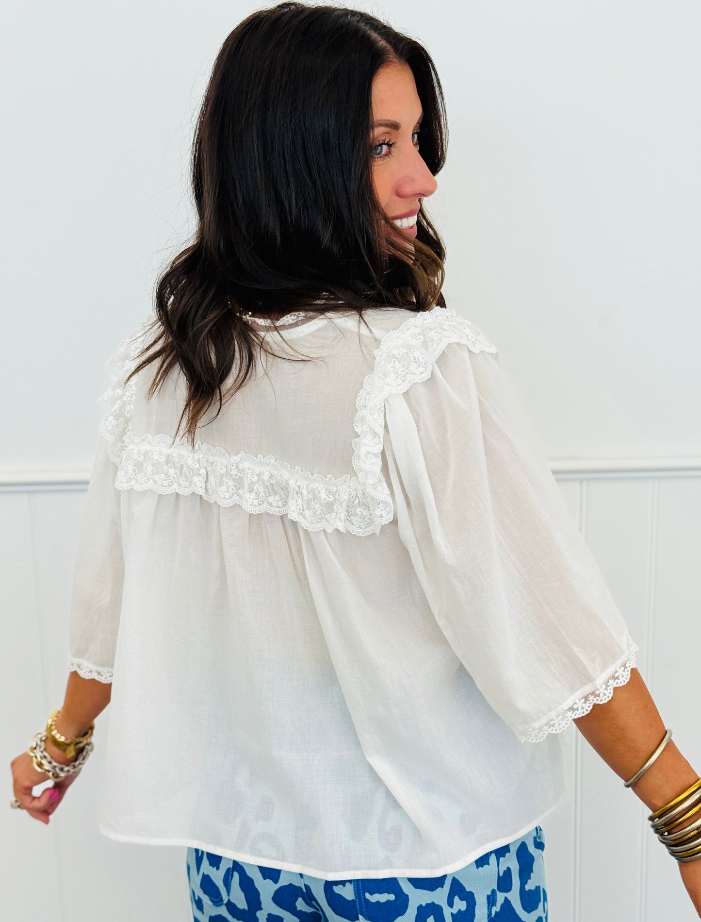 Off White Lace Trim V-Neck Blouse (Reg. and Plus)