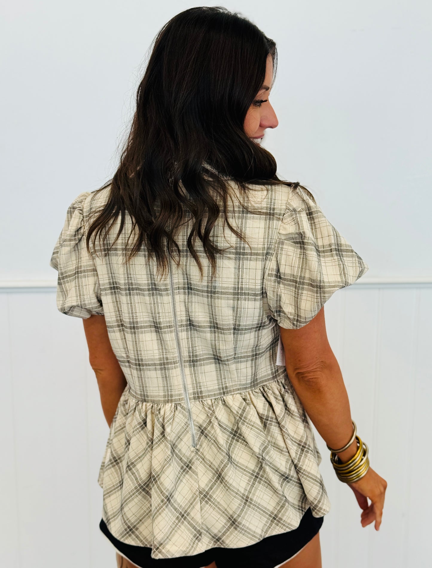 Lt. Tan/Black Plaid Peplum Top (Reg. and Plus)