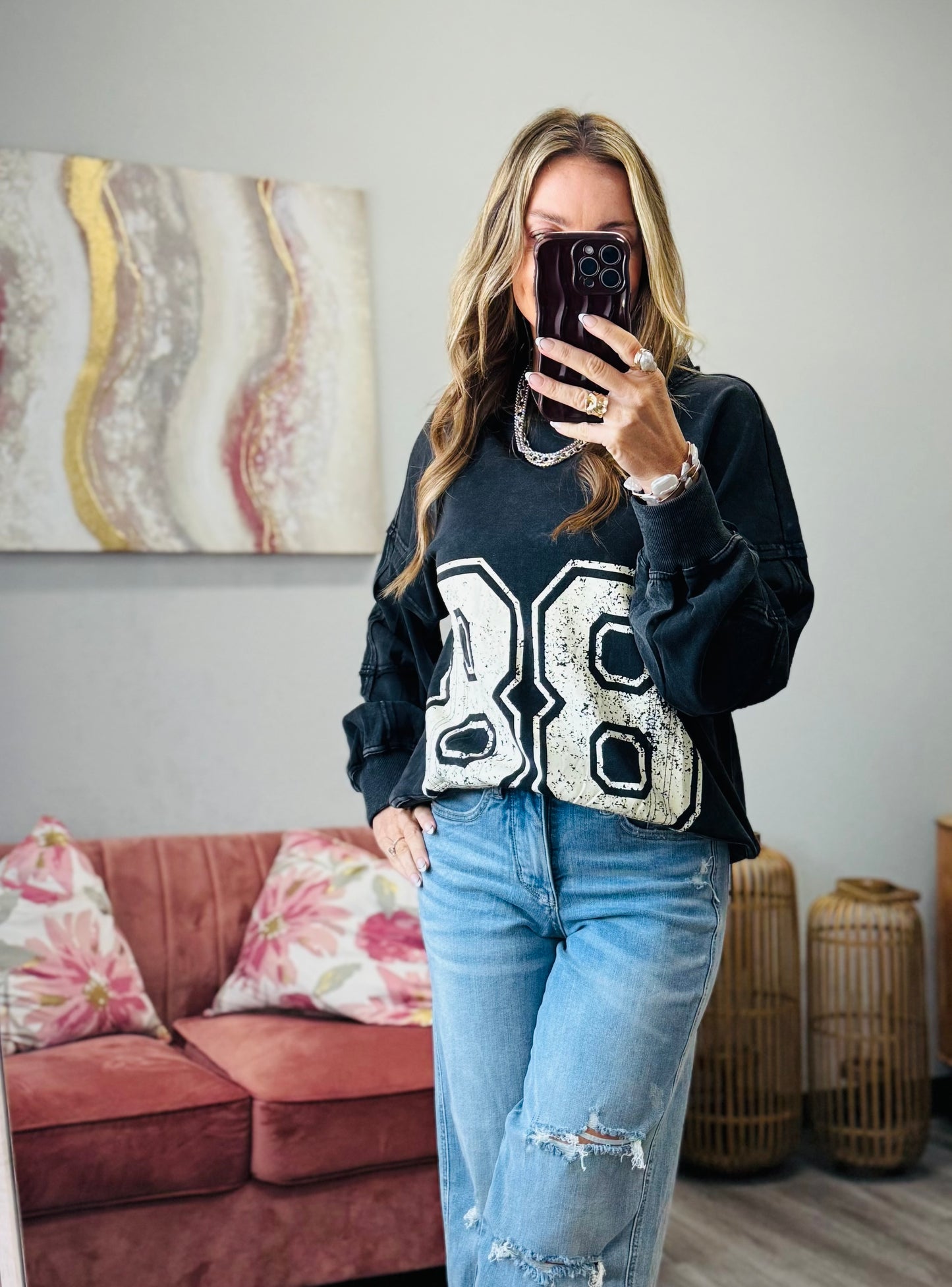 Washed Black Number 88 Oversized Sweatshirt (Reg. and Plus)