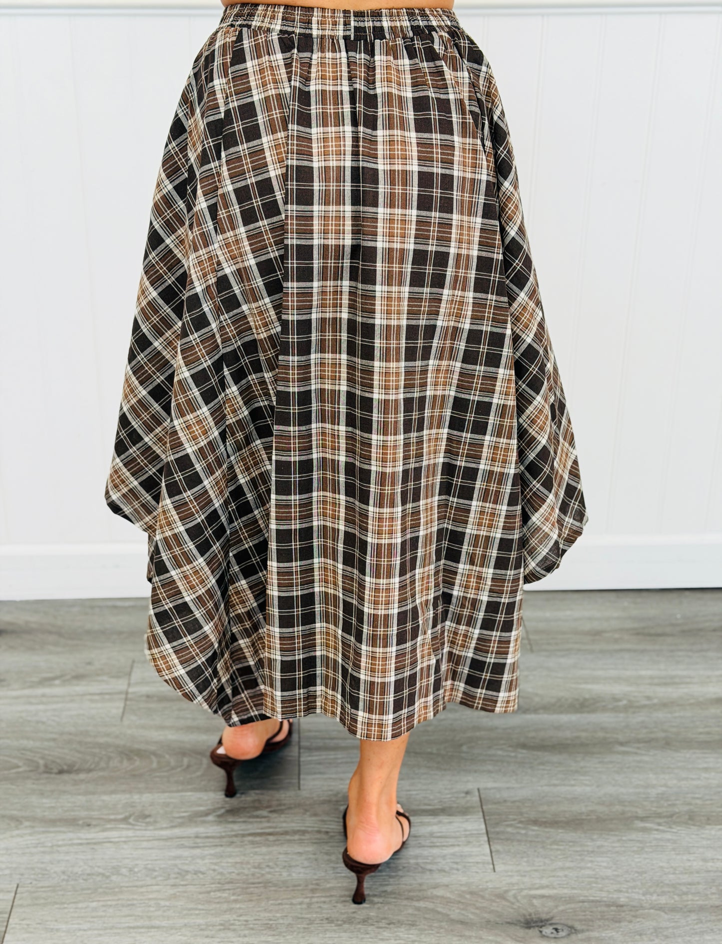 Brown Plaid Handkerchief Hem Midi Skirt (Reg.)