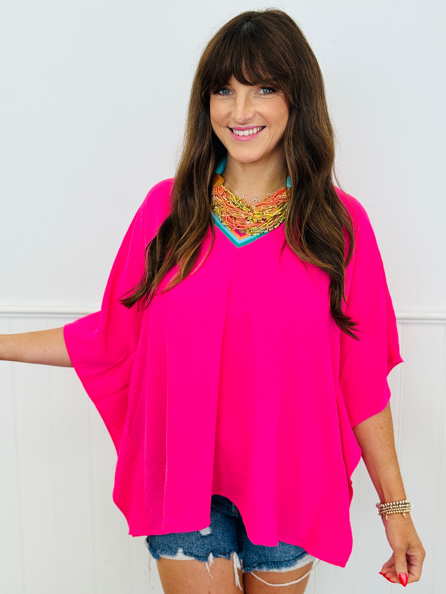 Contrast Neck Batwing Sleeve Top (Reg.) - 2 Colors