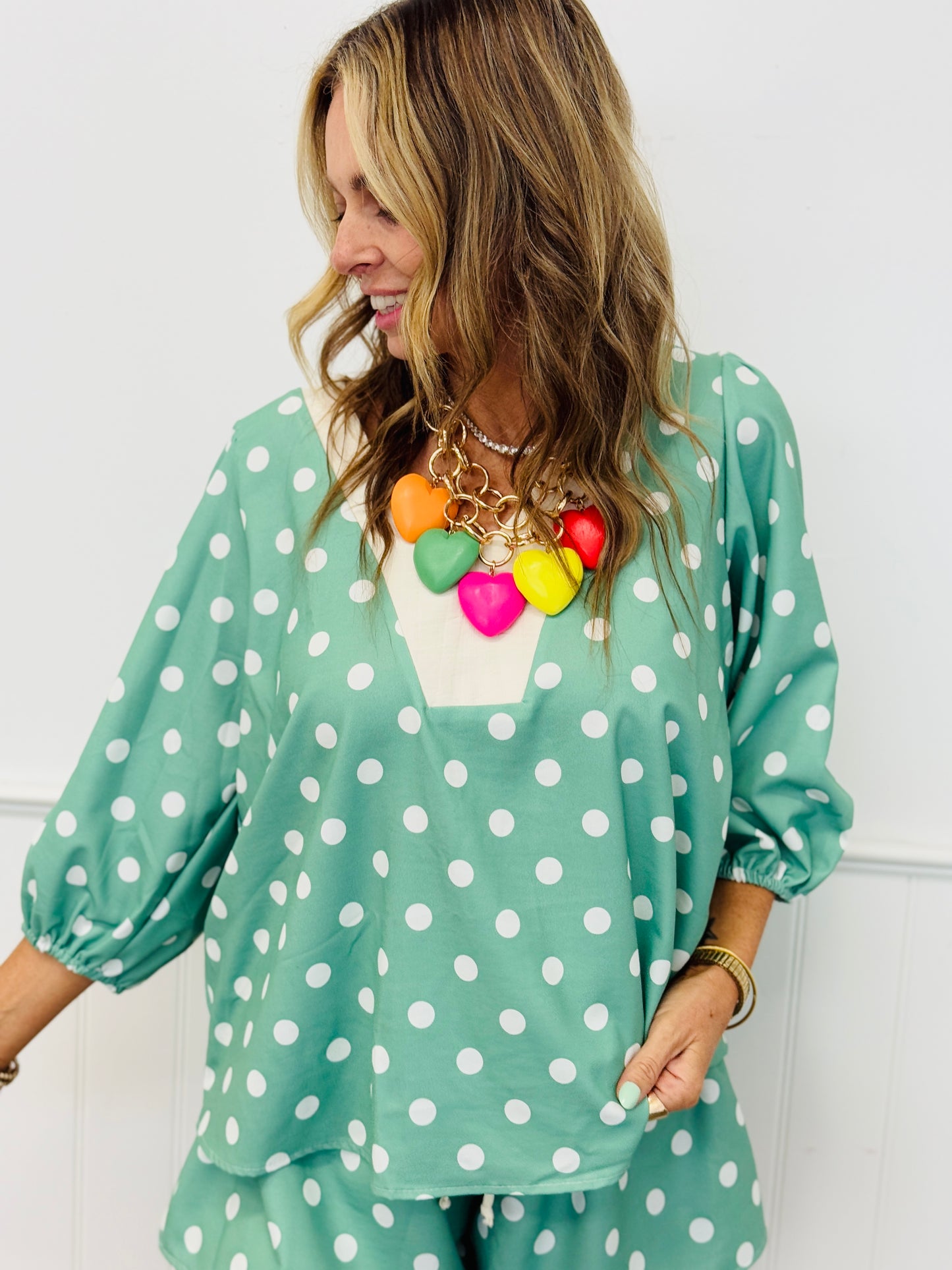 Polka Dot Contrast V-Neck Blouse (Reg. and Plus) - 3 Colors