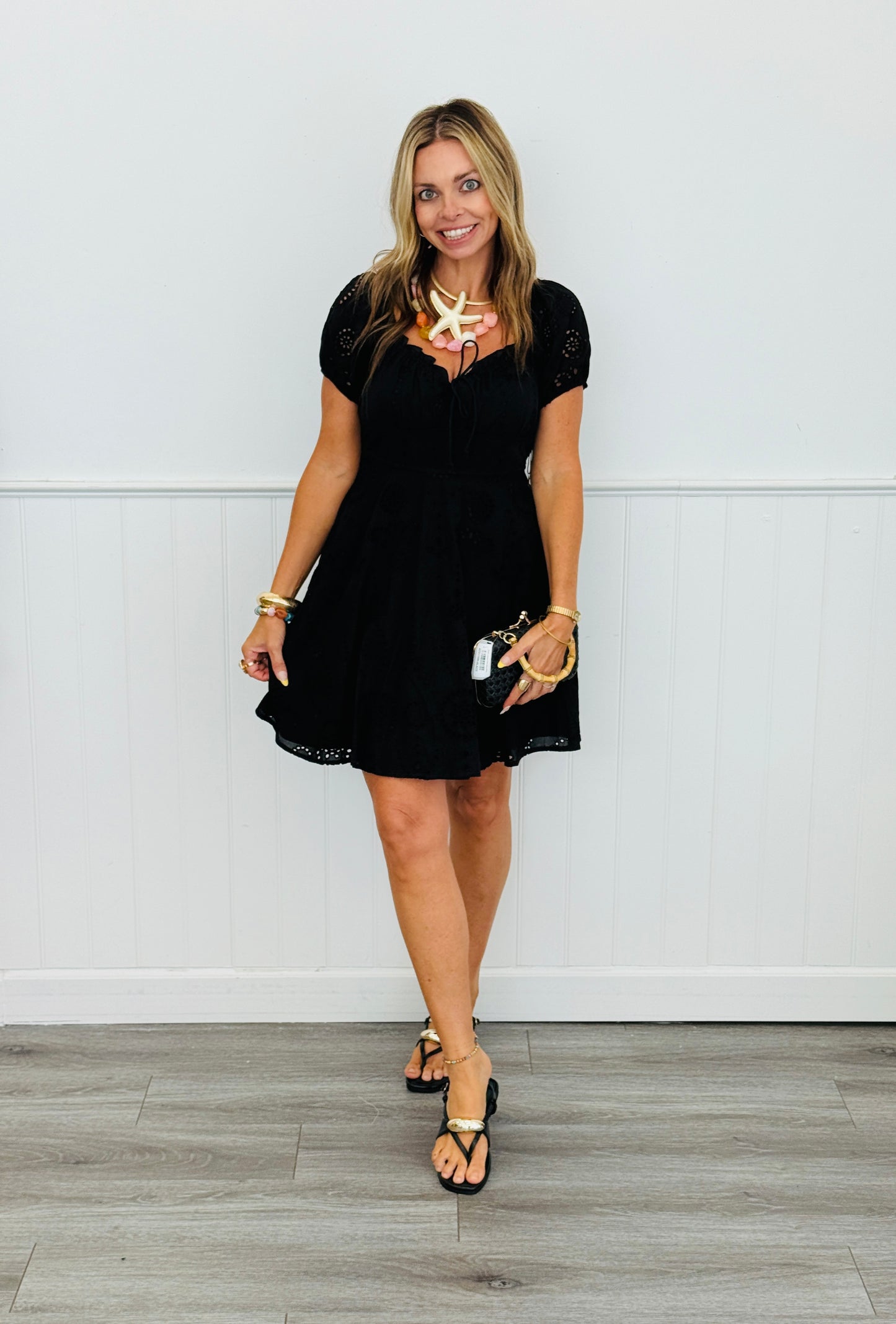 Black Eyelet Puff Sleeve Dress (Reg.)