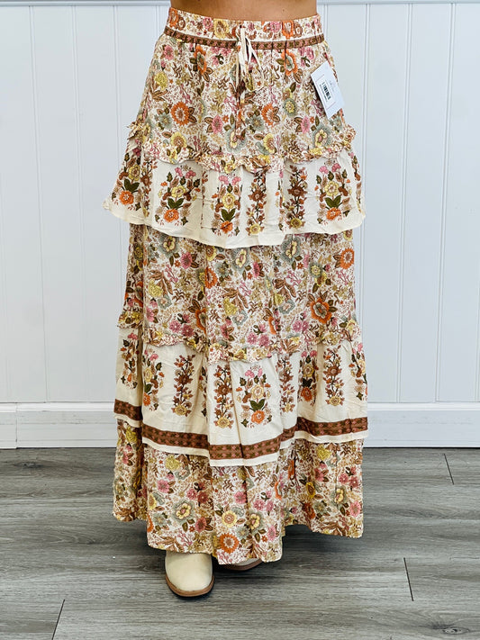 Cream Multi Floral Print Tiered Maxi Skirt (Reg.)