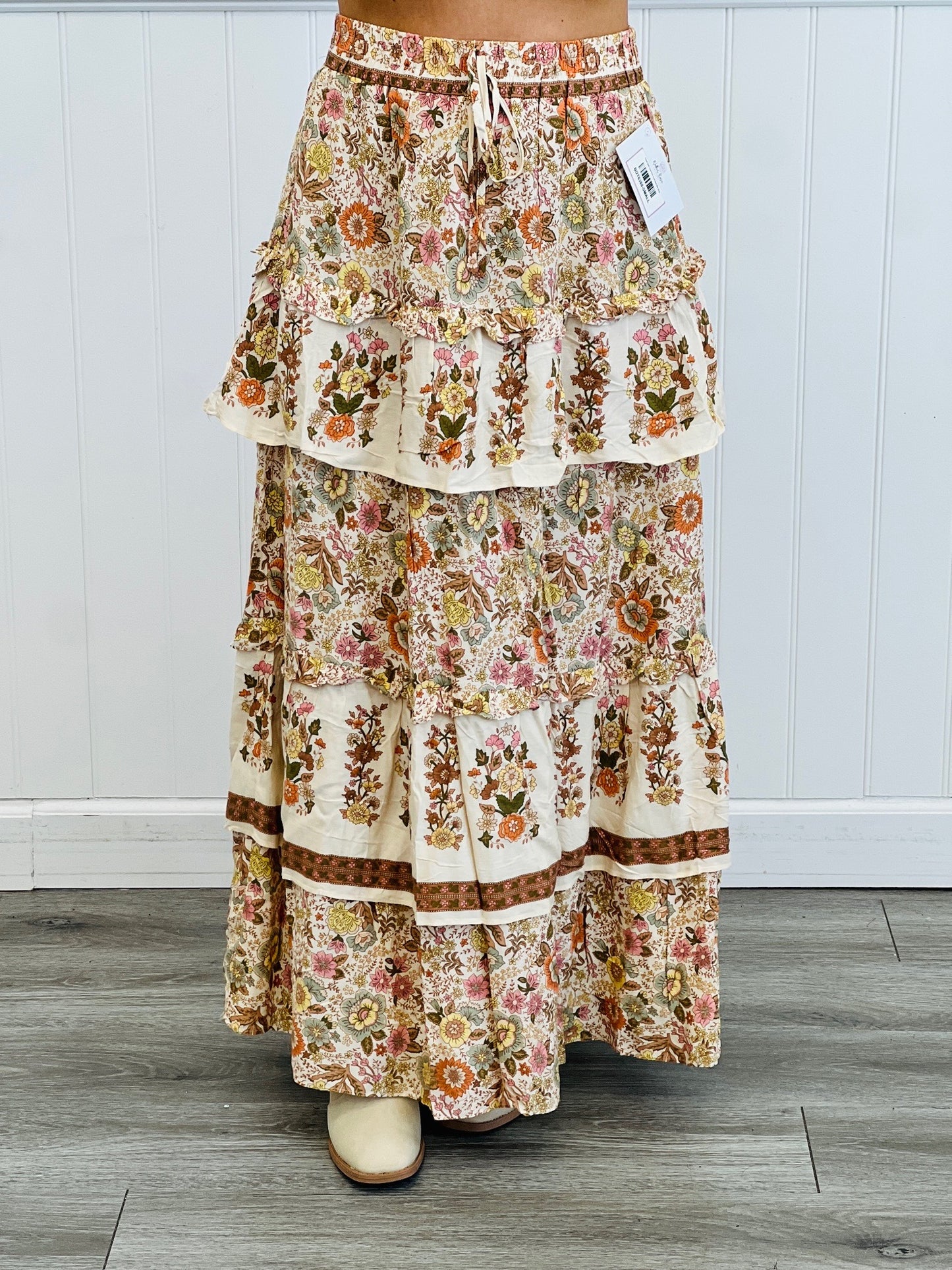 Cream Multi Floral Print Tiered Maxi Skirt (Reg.)