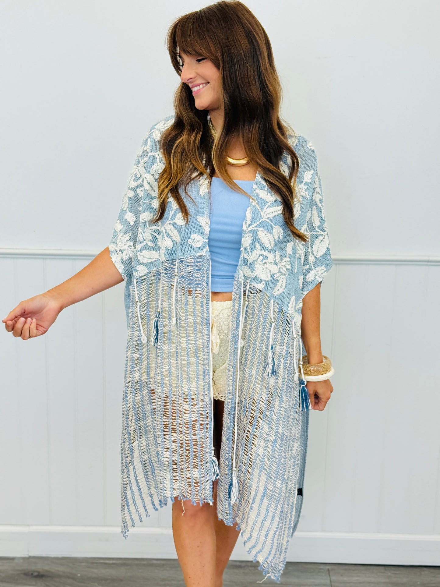 POL Powder Blue Loose Weave Tassel Midi Cardigan (Reg.)