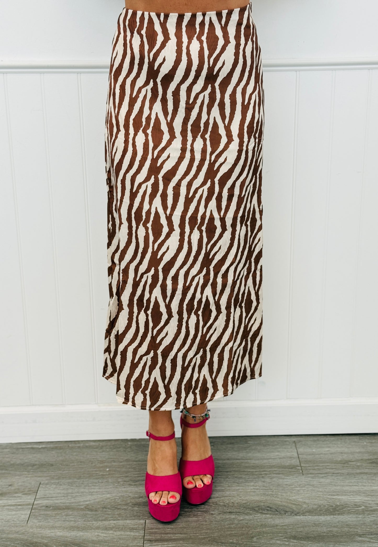 Brown Zebra Print Satin Jacquard Maxi Skirt (Reg & Plus)
