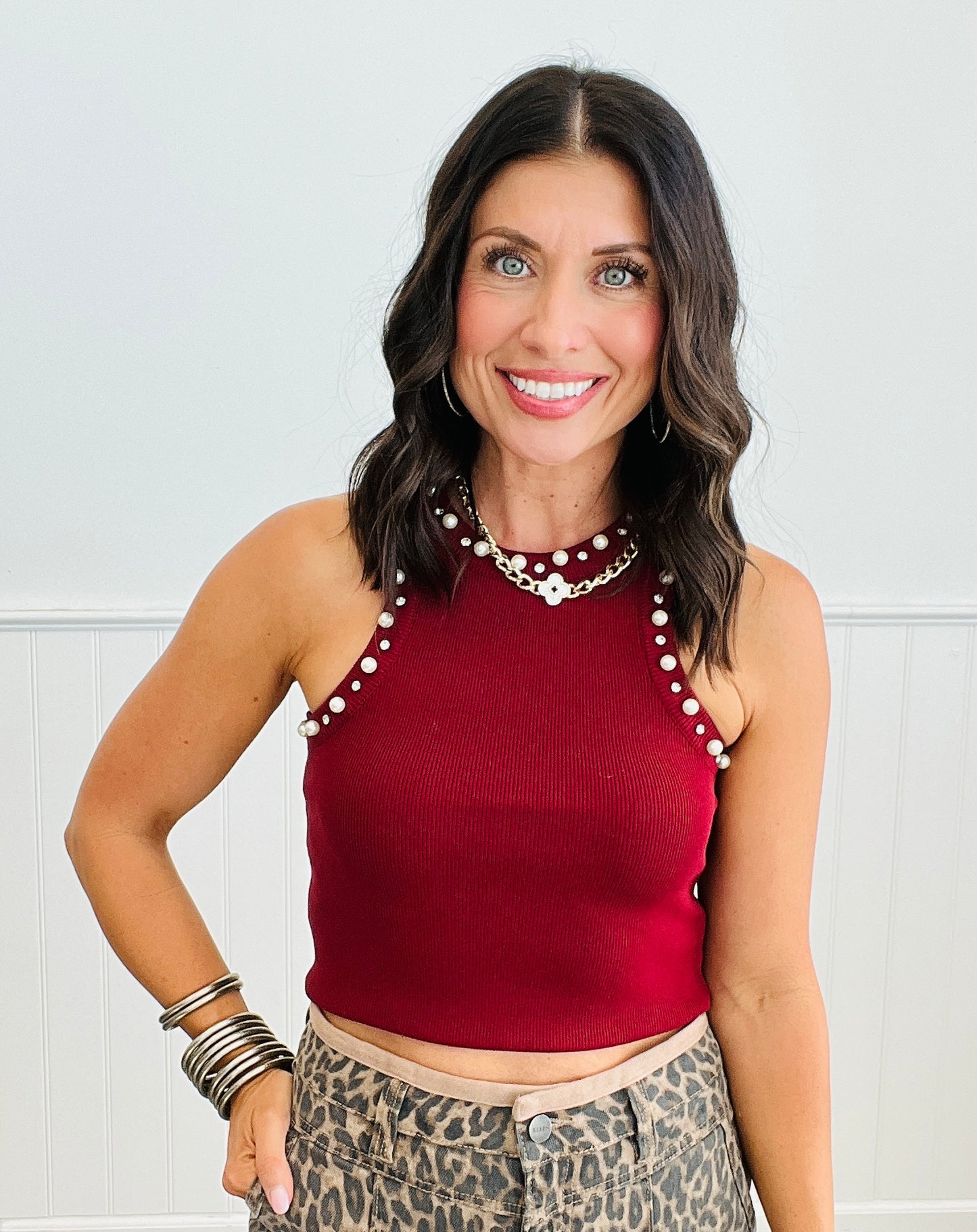 Crystal & Pearl Detailed Tank Top (Reg.)-3 Colors