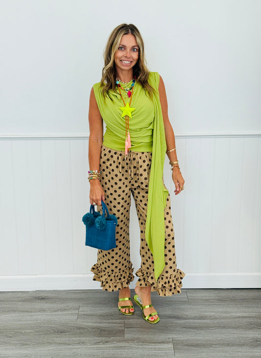 Taupe/Brown Ruffled Hem Polka Dot Pants (Reg.)