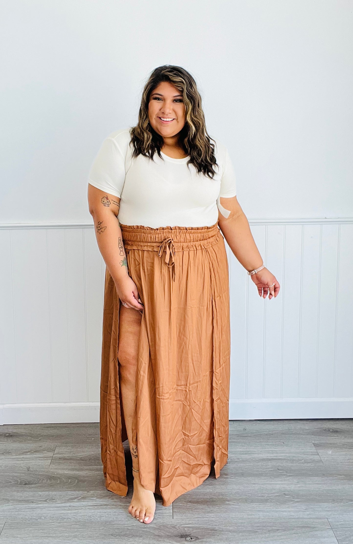 Camel Satin Maxi Skirt (Plus)