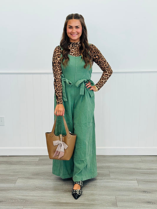 Green Washed Denim Front Bow Jumpsuit (Reg.)