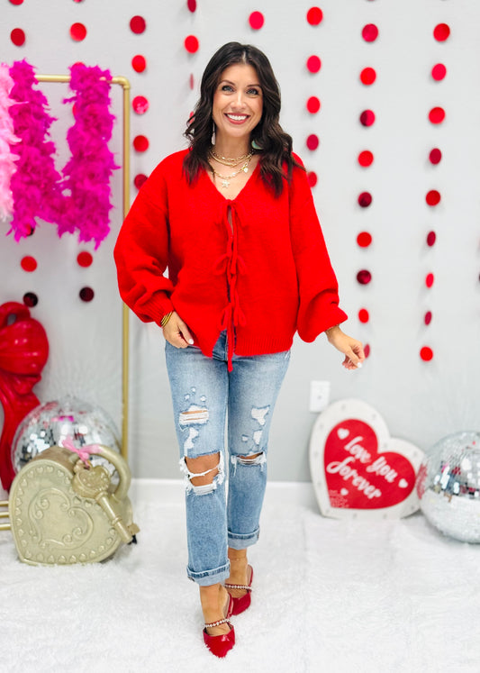 Red Self Tie Bows Sweater Cardigan (Reg.)