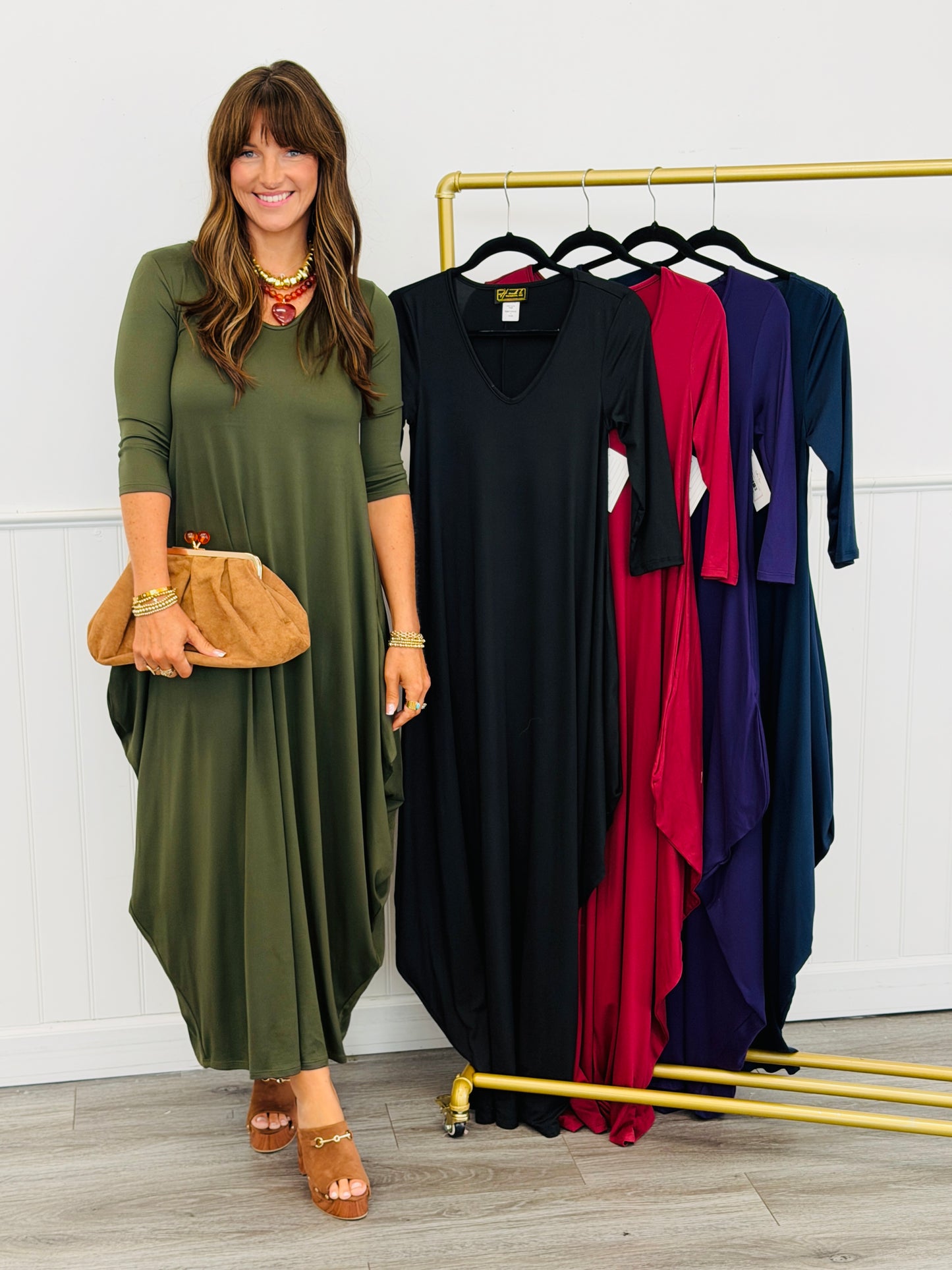 Solid 3/4 Sleeve Maxi Dress (Reg.) - 5 Colors