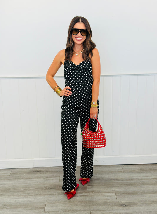 Black/White Polka Dot Bow Detail Jumpsuit (Reg.)
