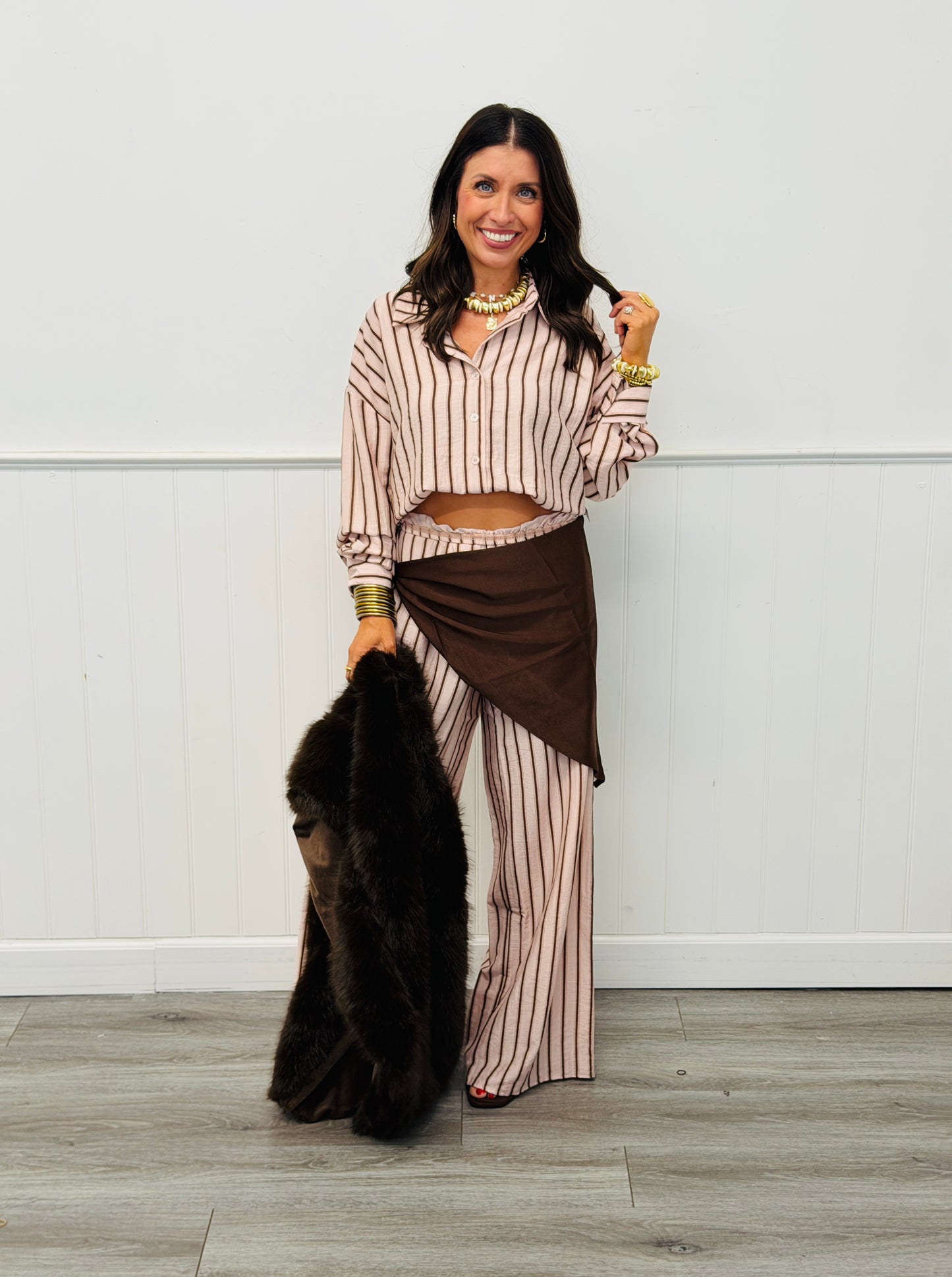 Pink Stripe Button Down Shirt, Pant & Scarf Set (Reg.)