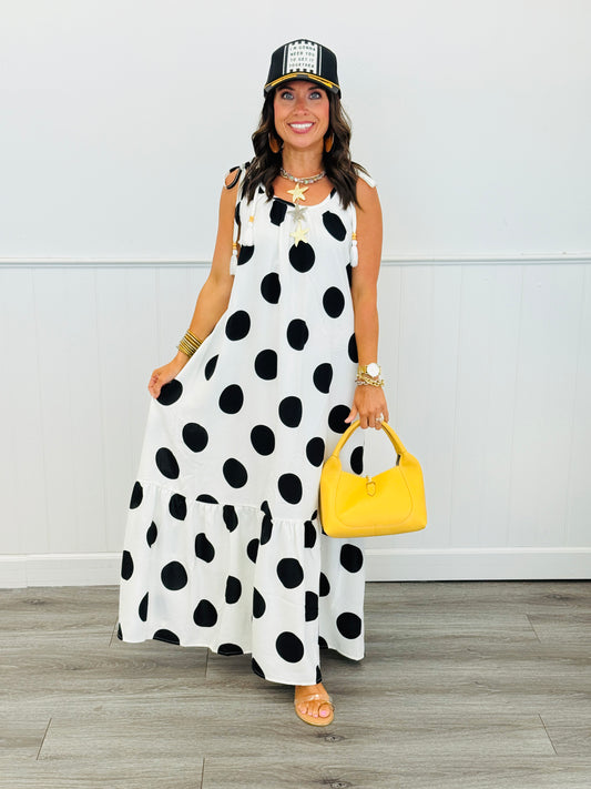 White/Black Polka Dot Tie Strap Maxi Dress (Reg & Plus)