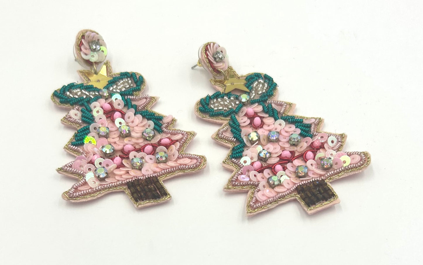 Pink Sequin Christmas Tree Earrings