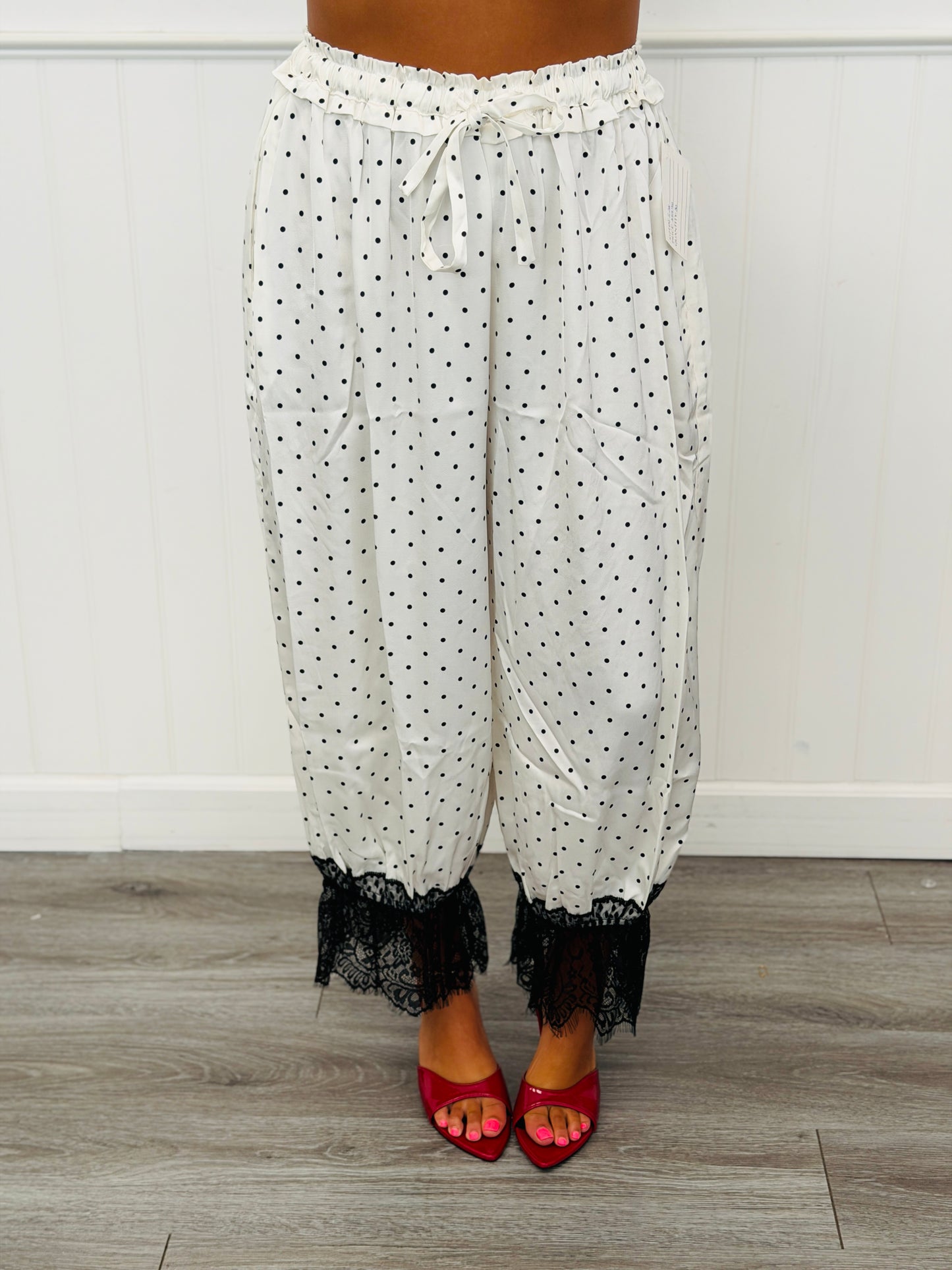 White/Black Polka Dot Lace Trim Pants (Reg. and Plus)
